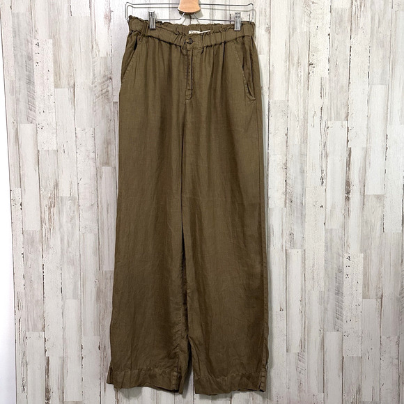 Faherty Monterey Linen Wide Leg Pants S Olive Green Elastic Waist 28x30 Summer - Picture 1 of 9
